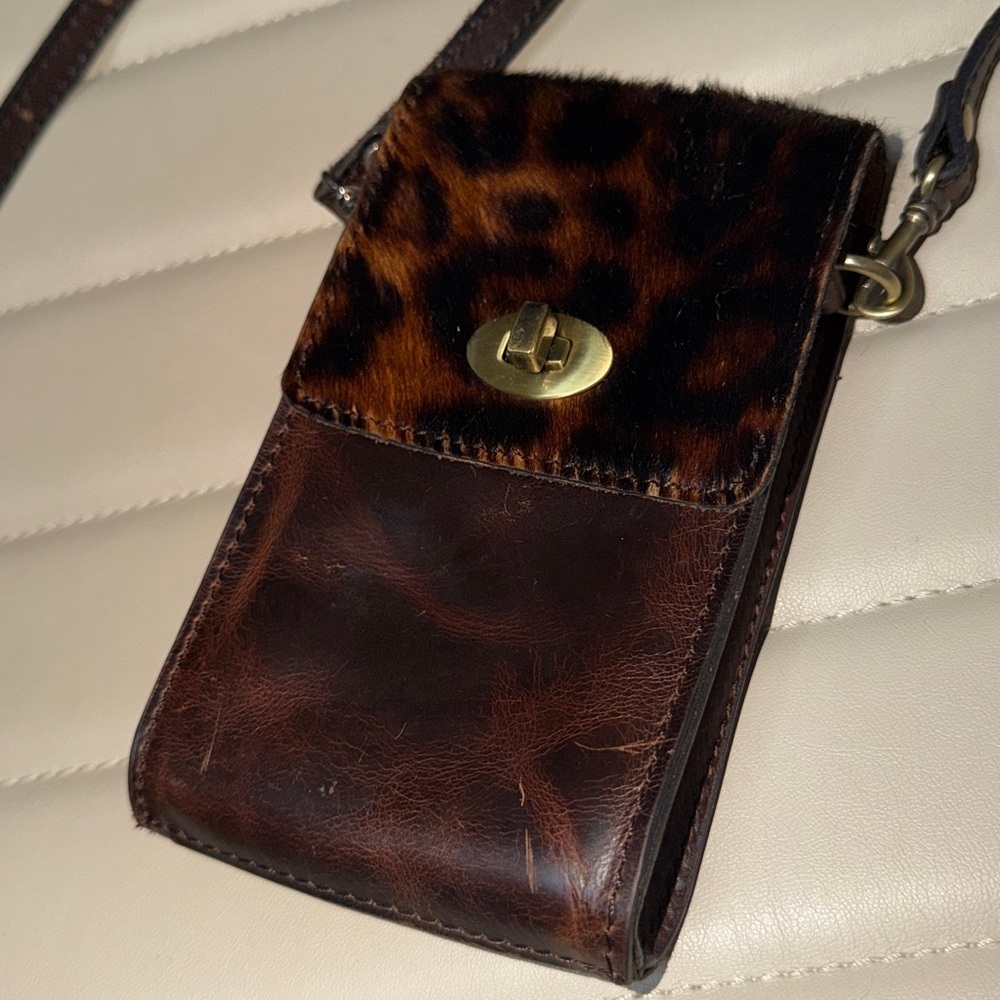 Y2K Patricia Nash Rivella calf hair leopard chocolate Leather slim Crossbody Bag - Picture 4 of 17